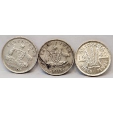 AUSTRALIA 1936 and 1942 D . THREEPENCE . KEY DATES